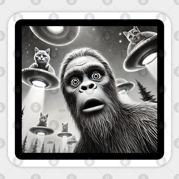 Sasquatch Bigfoot Selfie with Cats on Flying Saucers UFOs Sticker by Luxinda